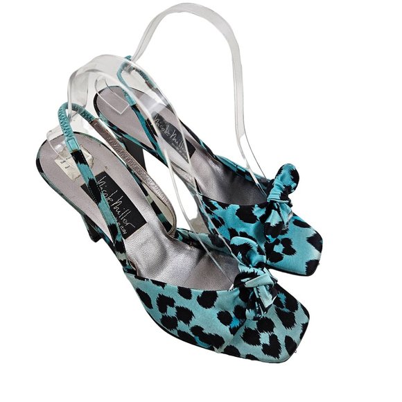 Nicole Miller Shoes - Nicole Miller Heels Womens 9.5M Animal Print Satin Blue Black Strap Italy Dressy
